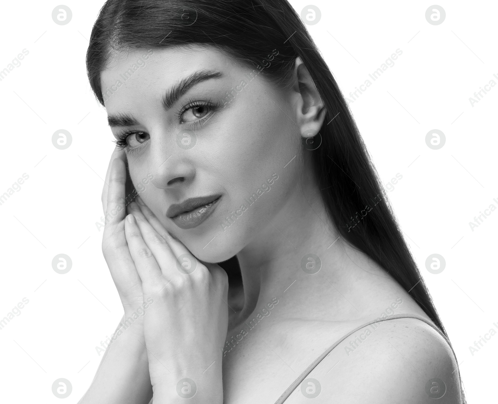 Image of Black and white portrait of beautiful woman on white background