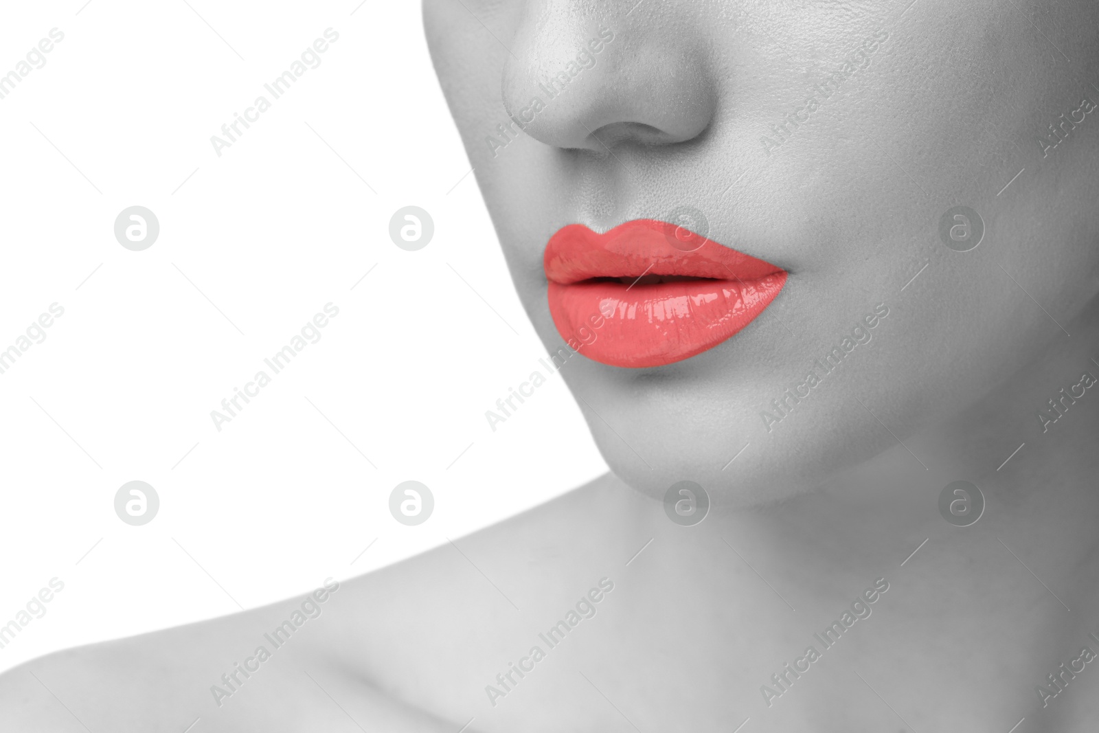 Image of Woman with beautiful lips, closeup. Black and white effect with color accent
