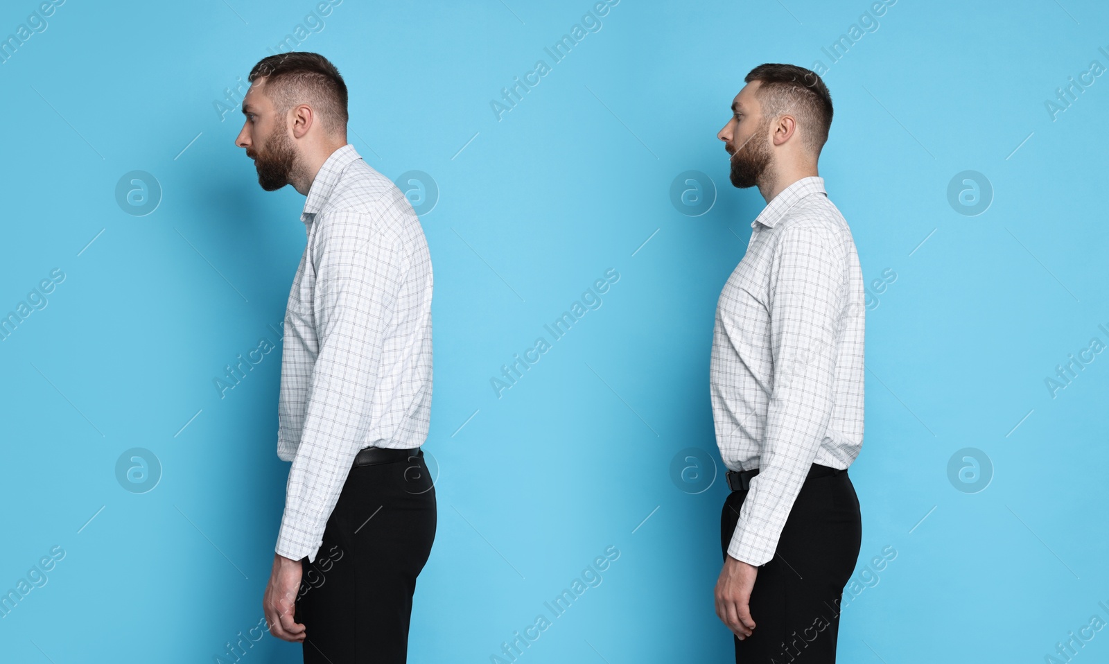 Image of Man with poor and good posture on light blue background. Collage of photos