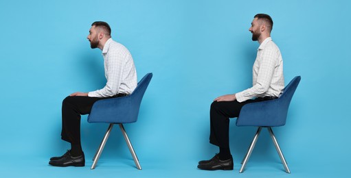 Image of Man with poor and good posture sitting on chair against light blue background. Collage of photos