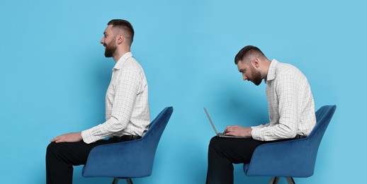 Image of Man with poor and good posture on light blue background. Collage of photos