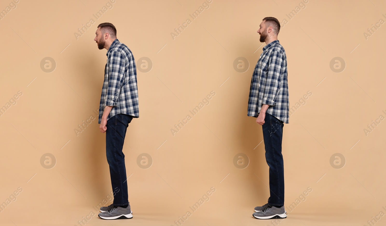 Image of Man with poor and good posture on beige background. Collage of photos