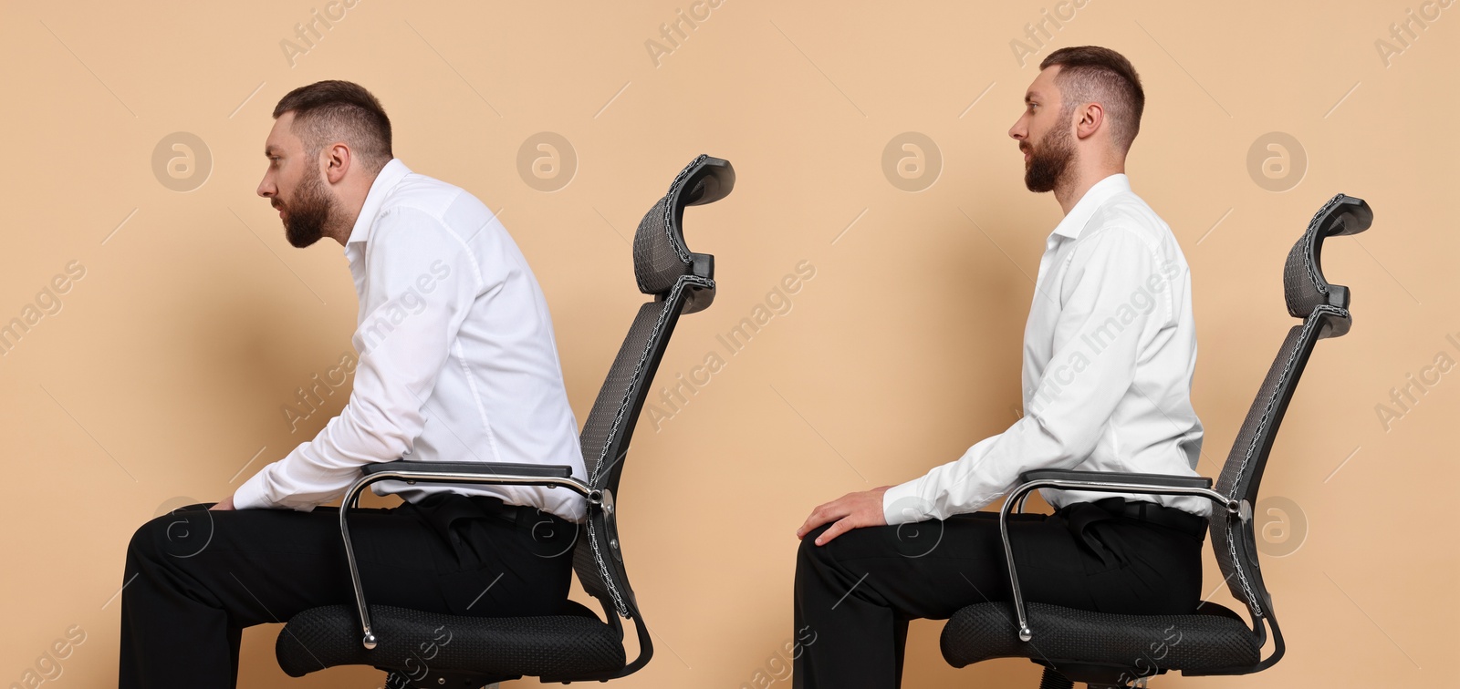 Image of Man with poor and good posture sitting on chair against beige background. Collage of photos