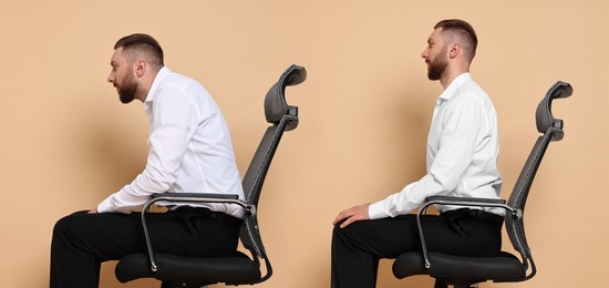 Image of Man with poor and good posture sitting on chair against beige background. Collage of photos