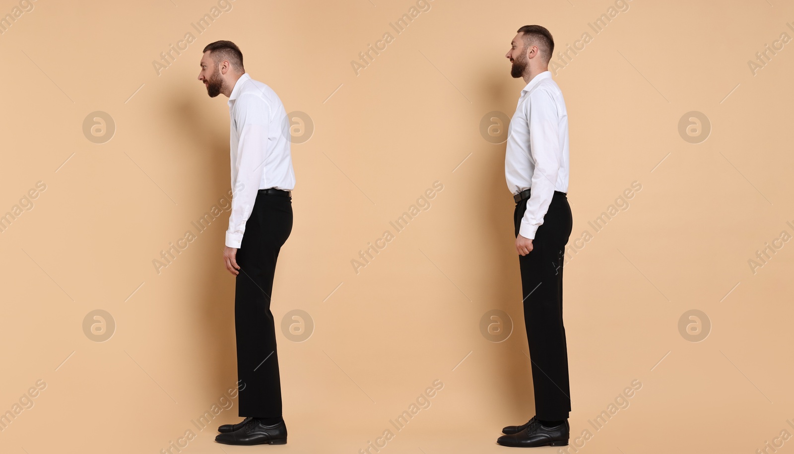 Image of Man with poor and good posture on beige background. Collage of photos