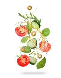 Image of Fresh vegetables and oil for salad in air on white background