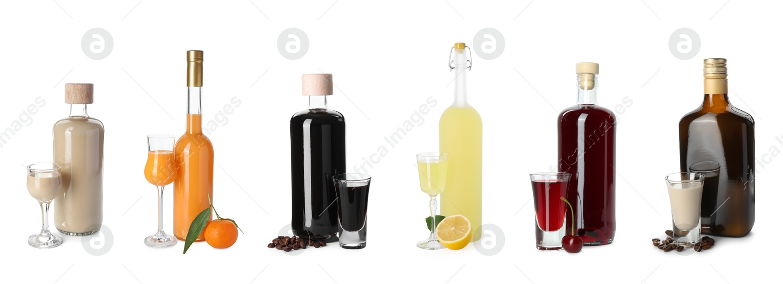 Image of Collection of different tasty liqueurs on white background