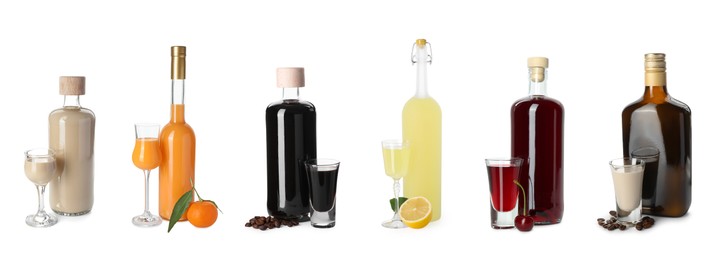 Image of Collection of different tasty liqueurs on white background