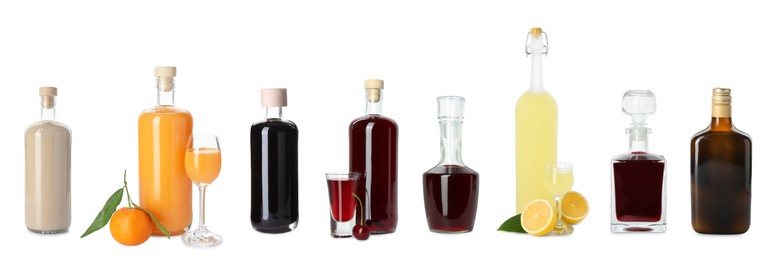 Image of Collection of different tasty liqueurs on white background