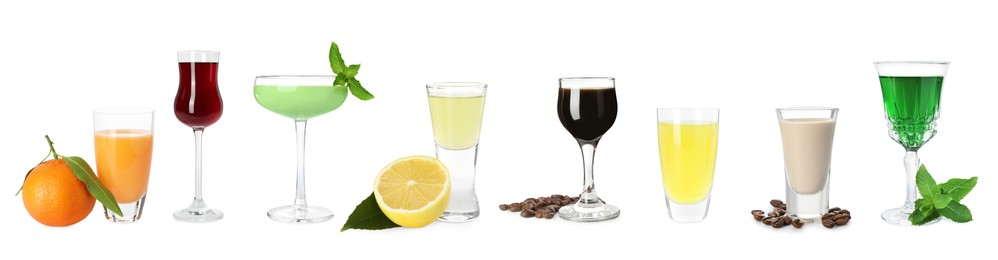 Image of Different tasty liqueurs in glasses on white background, collection