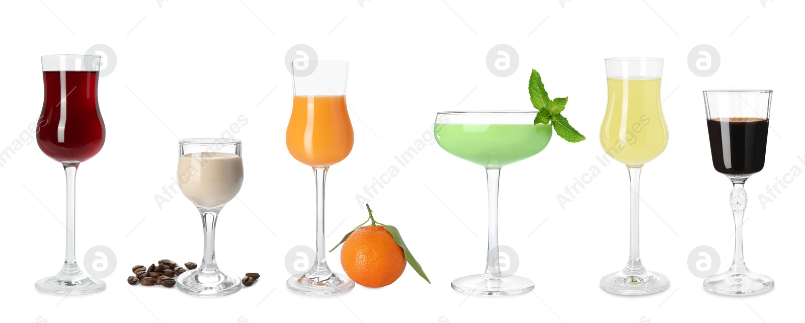 Image of Different tasty liqueurs in glasses on white background, collection