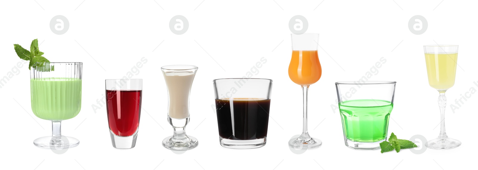 Image of Different tasty liqueurs in glasses on white background, collection