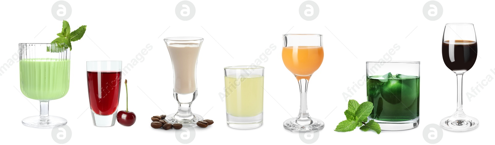 Image of Different tasty liqueurs in glasses on white background, collection