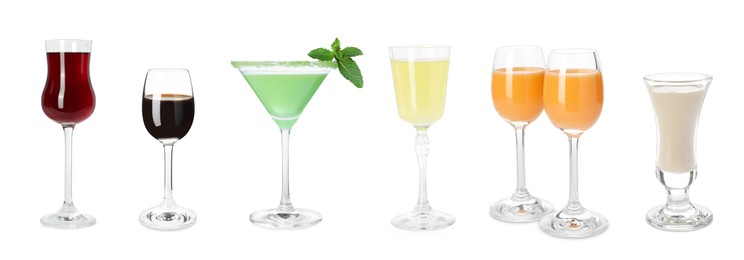 Image of Different tasty liqueurs in glasses on white background, collection