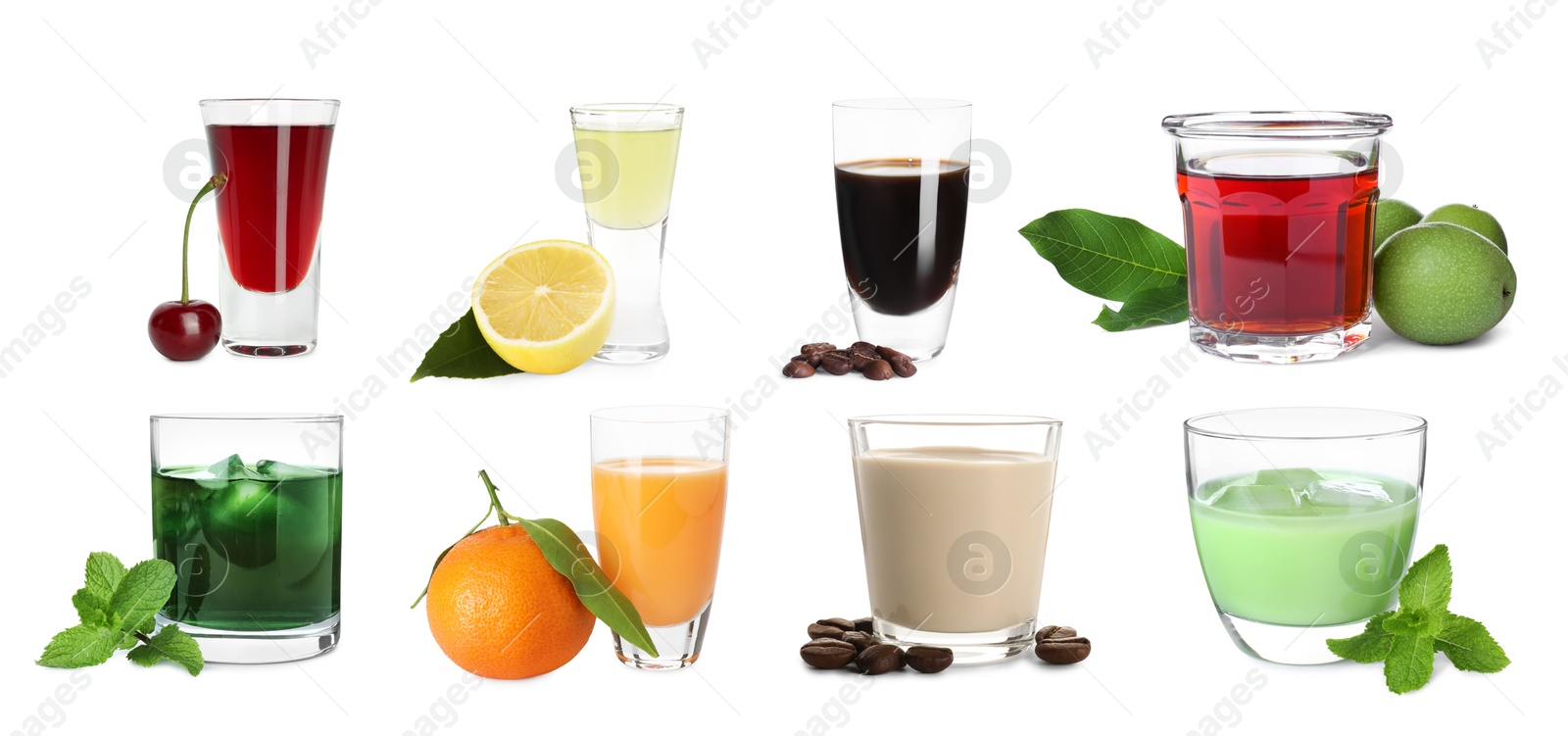 Image of Different tasty liqueurs in glasses on white background, collection