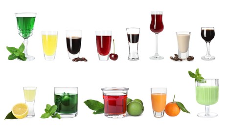 Image of Different tasty liqueurs in glasses on white background, collection