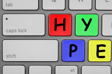 Hype word on computer keyboard, top view