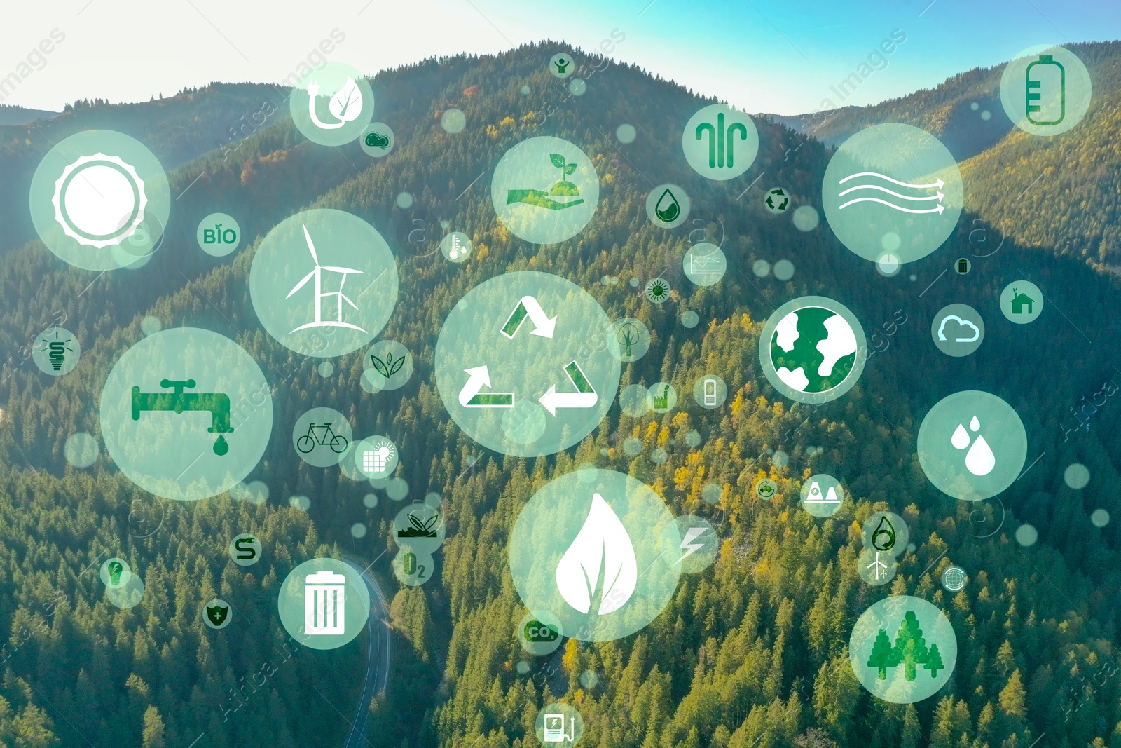 Image of Environmental protection. Many different icons and mountain landscape