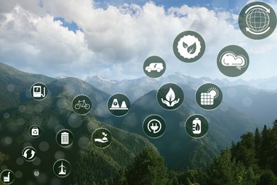 Environmental protection. Many different icons and mountain landscape