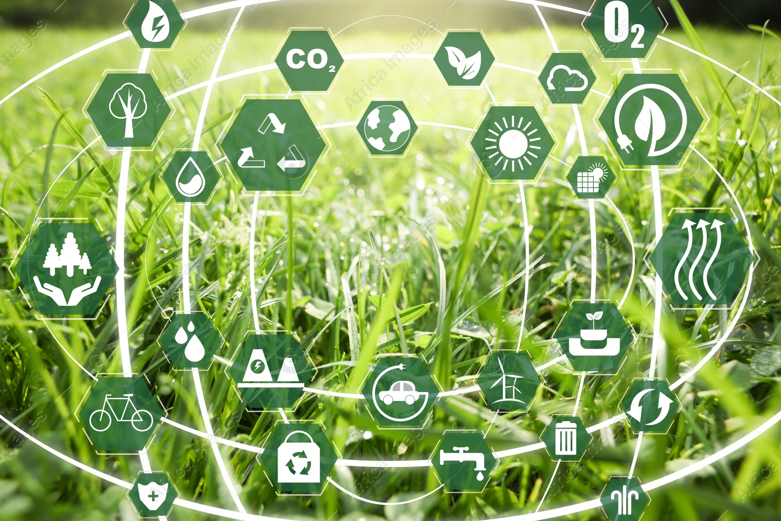 Image of Environmental protection. Many different icons and green grass