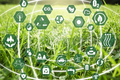 Image of Environmental protection. Many different icons and green grass