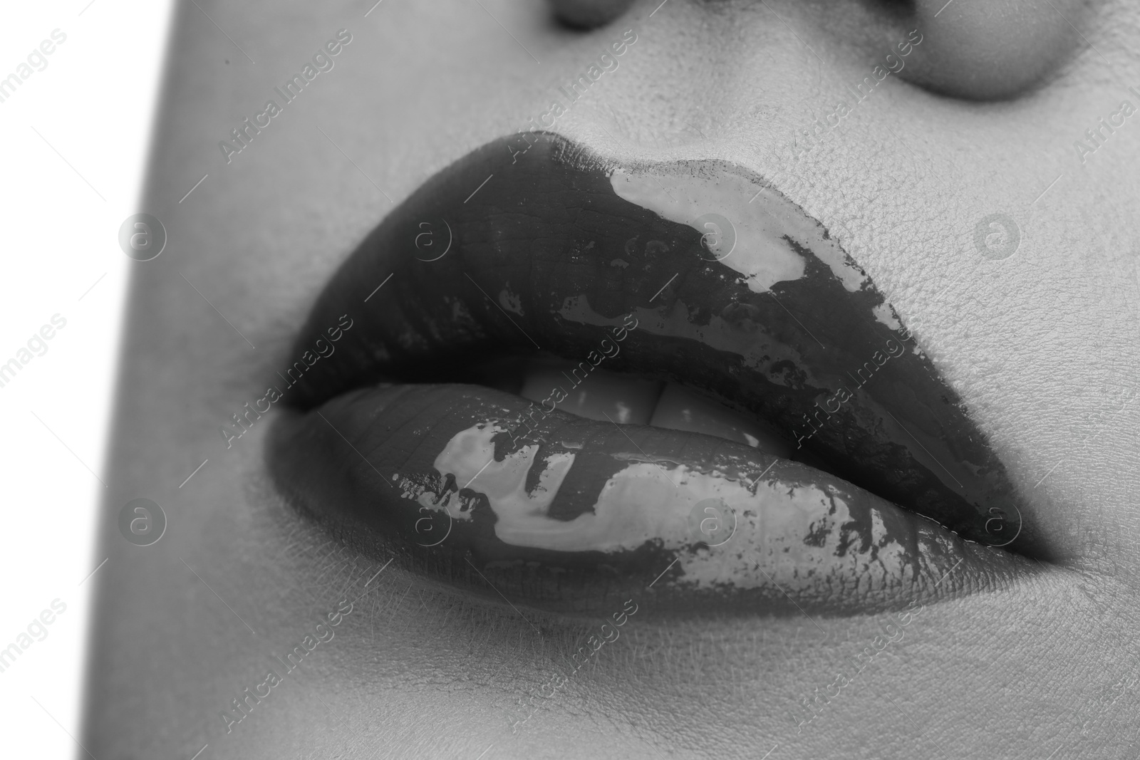 Image of Woman with beautiful lips, closeup. Black and white effect