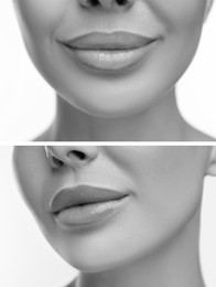 Image of Woman with beautiful lips on white background, closeup. Black and white collage