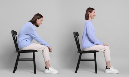 Image of Woman with poor and good posture sitting on chair against light grey background. Collage of photos