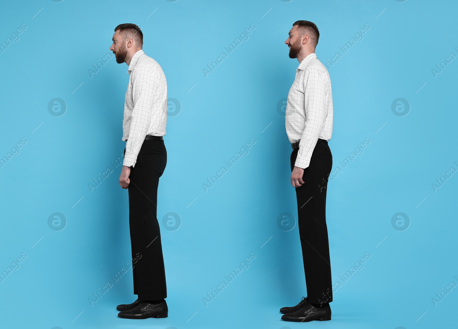 Image of Man with poor and good posture on light blue background. Collage of photos