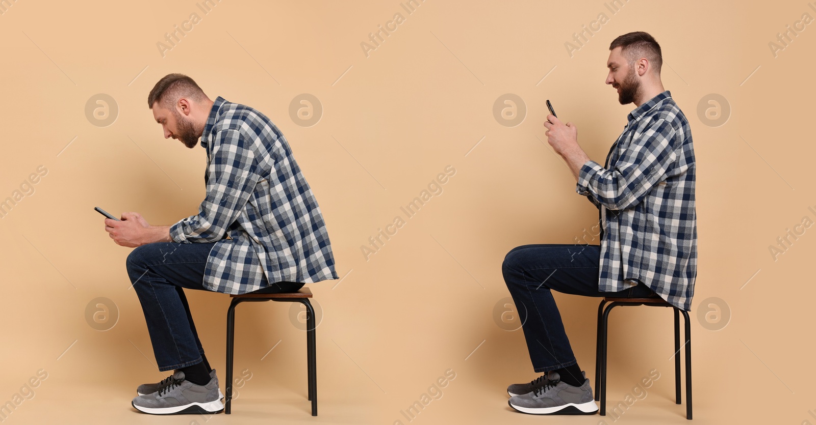 Image of Man with poor and good posture on beige background. Collage of photos