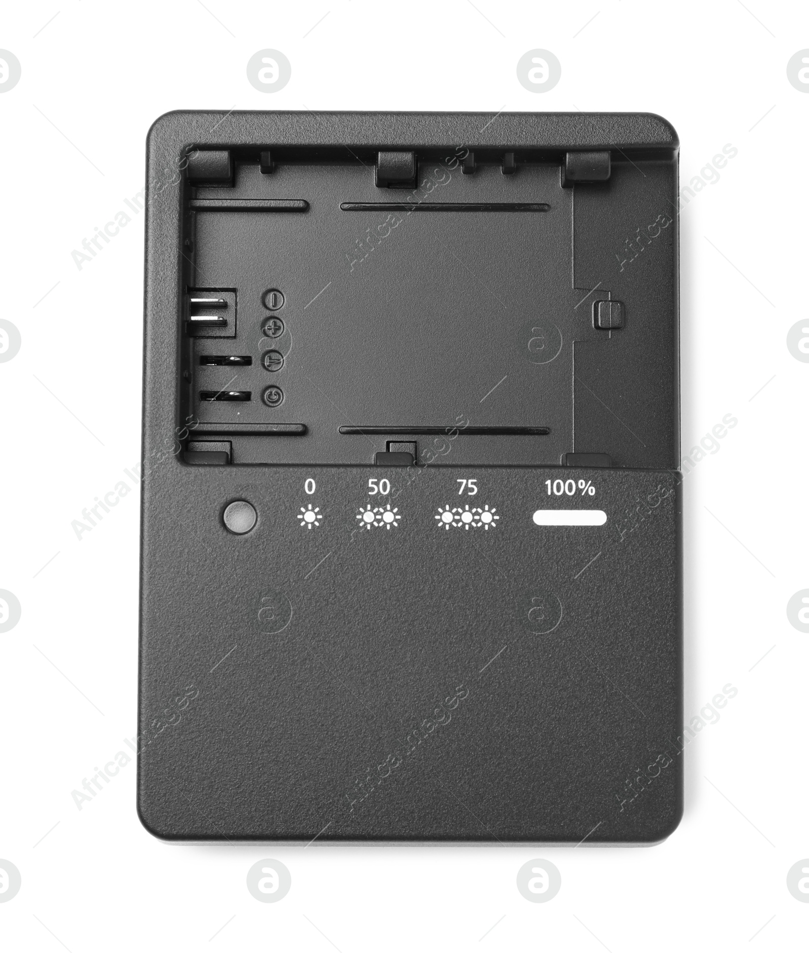 Photo of Battery charger isolated on white, top view. Professional photographer's equipment