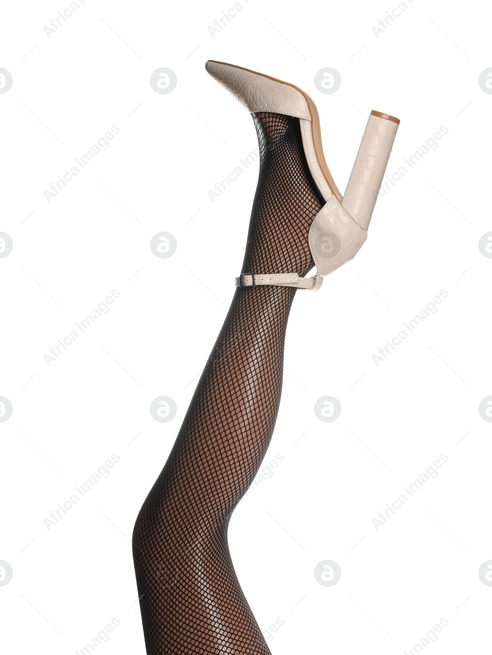 Photo of Woman wearing tights and high heel shoe on white background, closeup