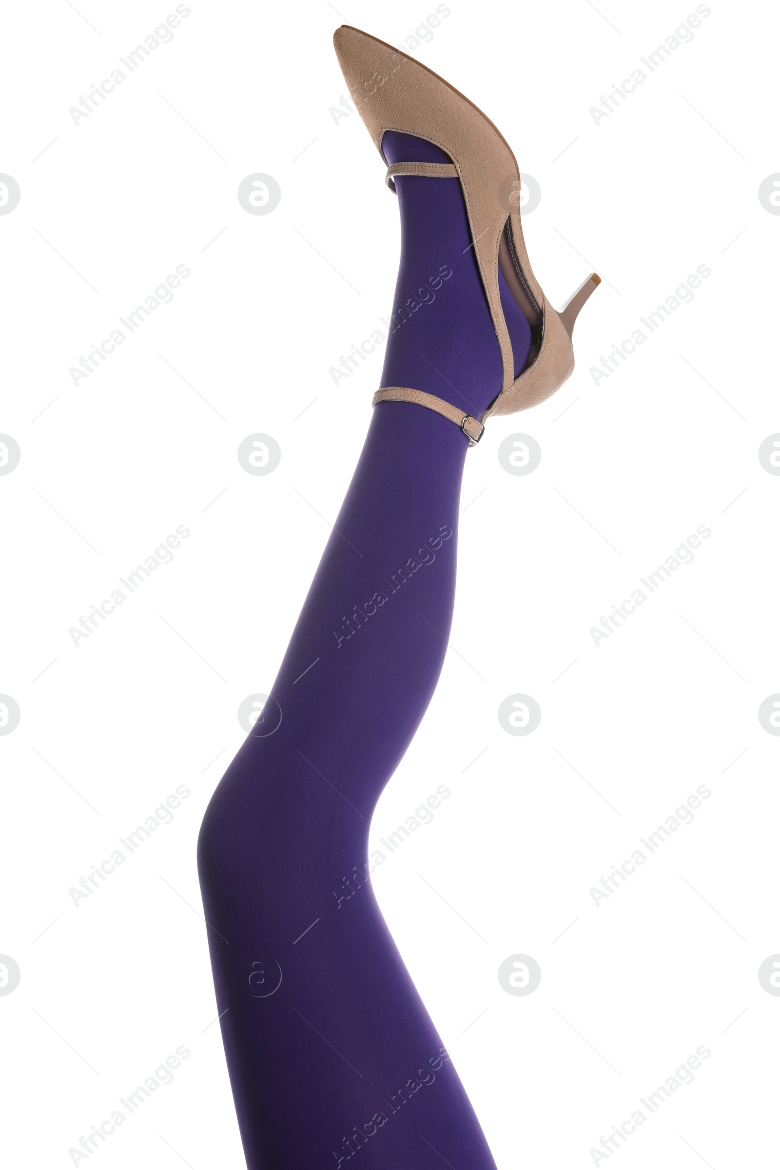 Photo of Woman wearing bright tights and high heel shoe on white background, closeup