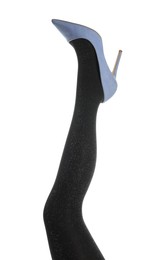 Photo of Woman wearing black tights and high heel shoe on white background, closeup