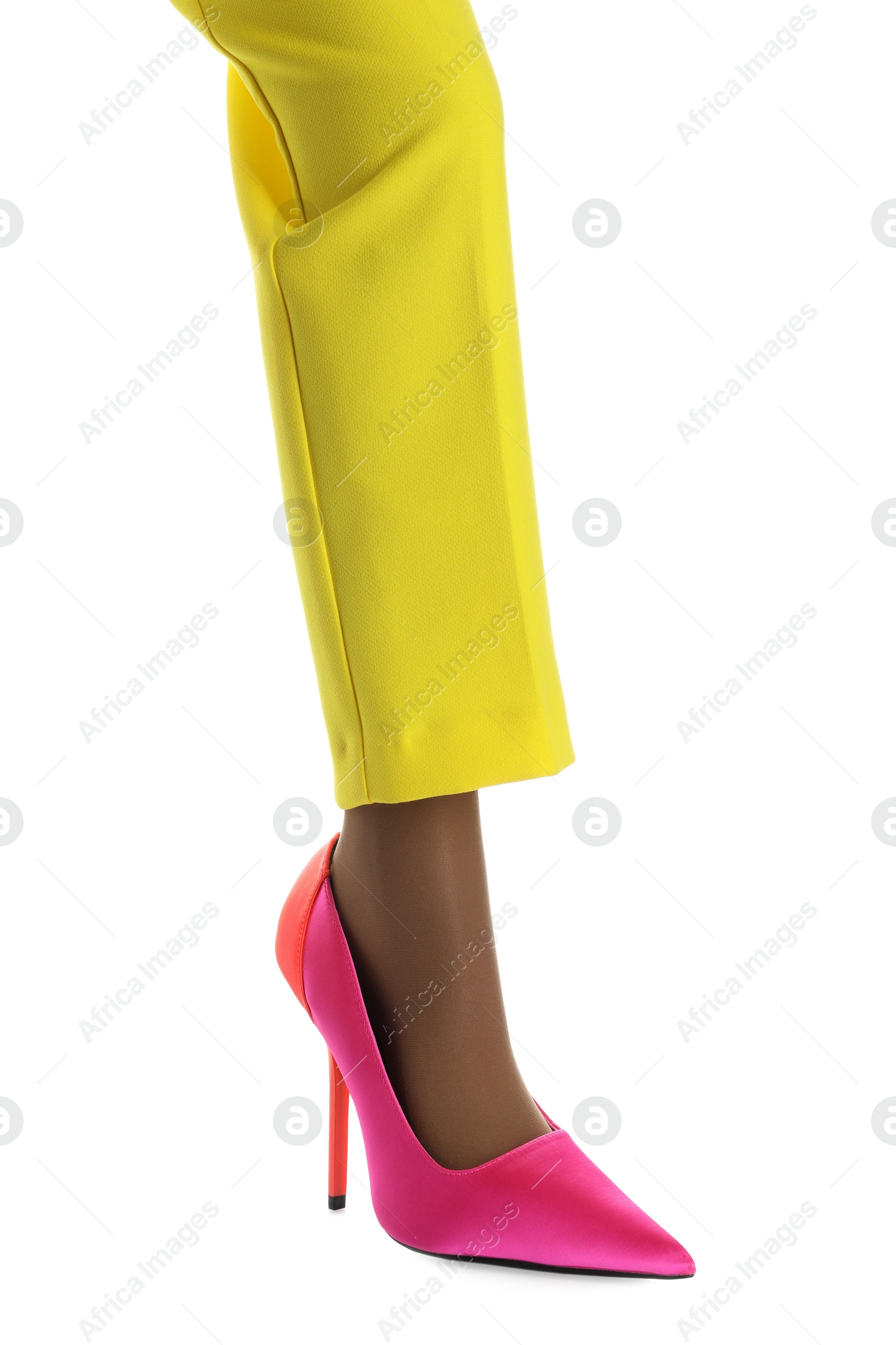 Photo of Woman wearing high heel shoe on white background, closeup