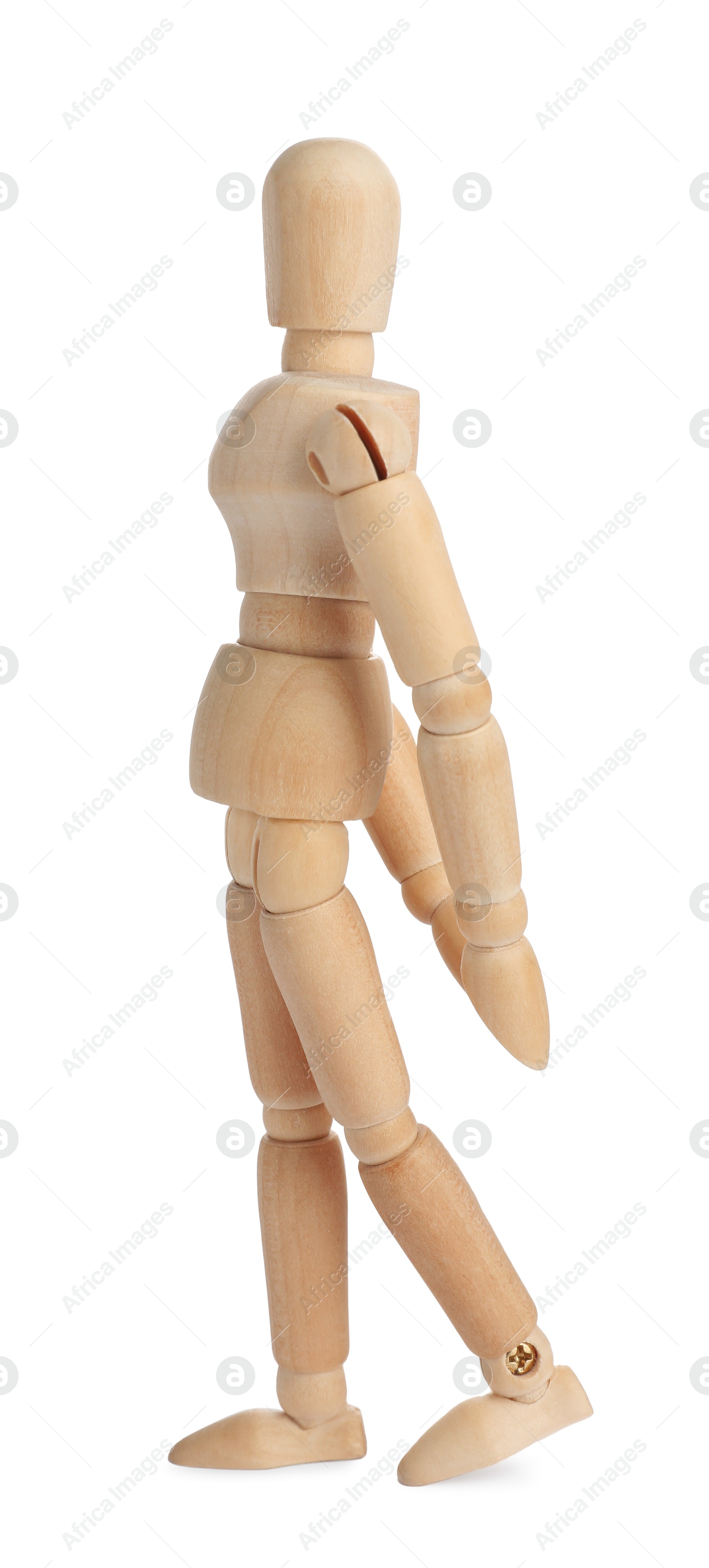 Photo of Wooden human model on white background. Mini mannequin