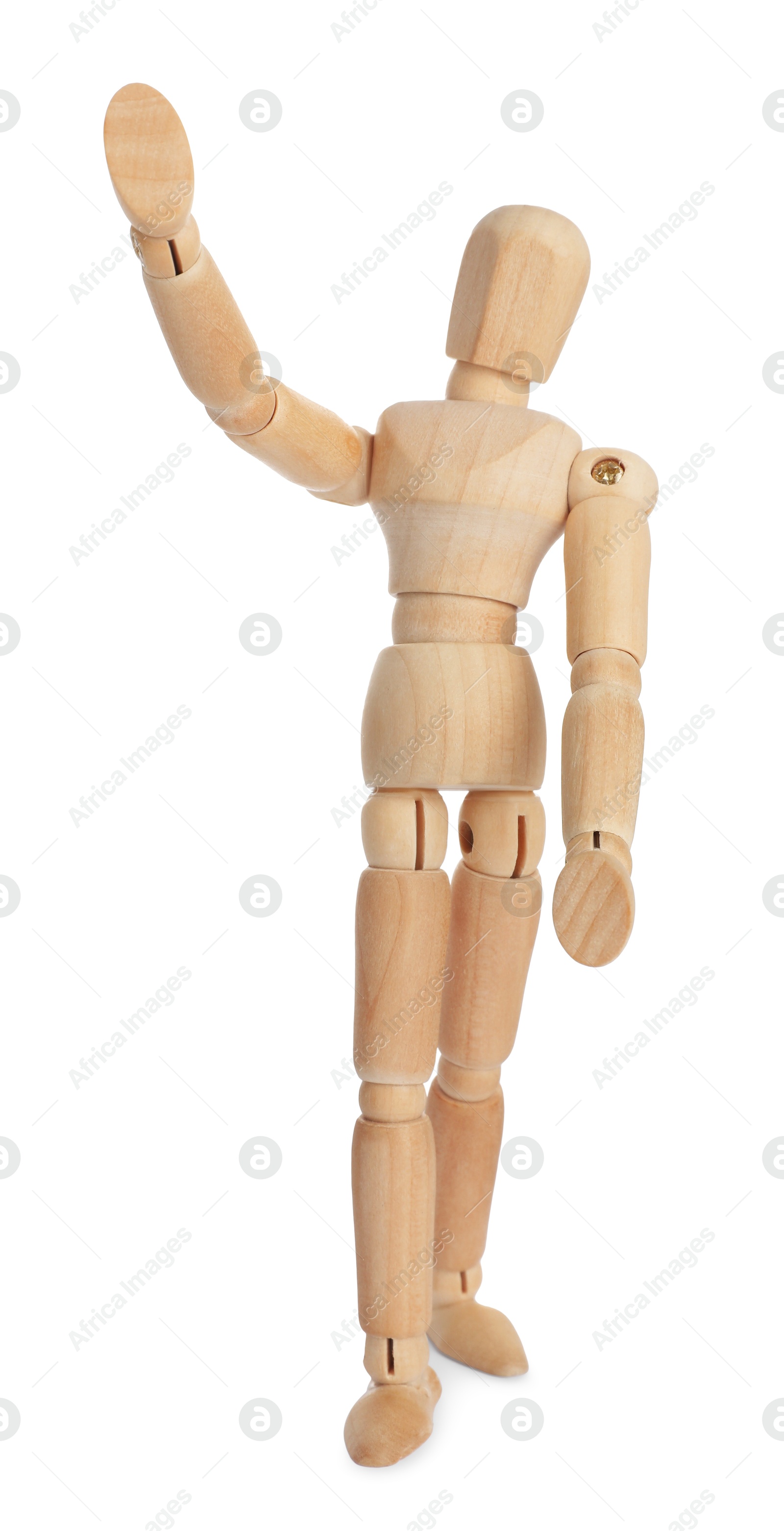 Photo of Wooden human model on white background. Mini mannequin