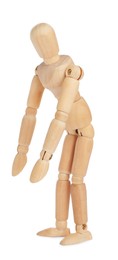 Photo of Wooden human model on white background. Mini mannequin