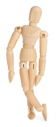 Wooden human model on white background. Mini mannequin