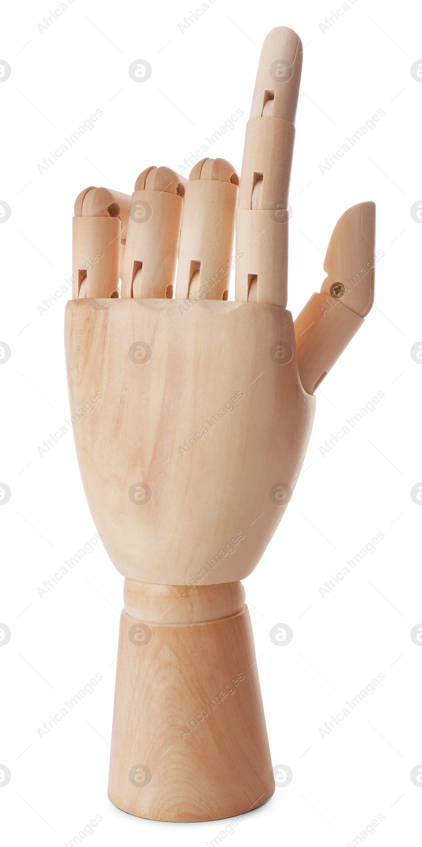 Photo of Wooden hand model on white background. Mannequin part