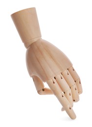 Photo of Wooden hand model on white background. Mannequin part