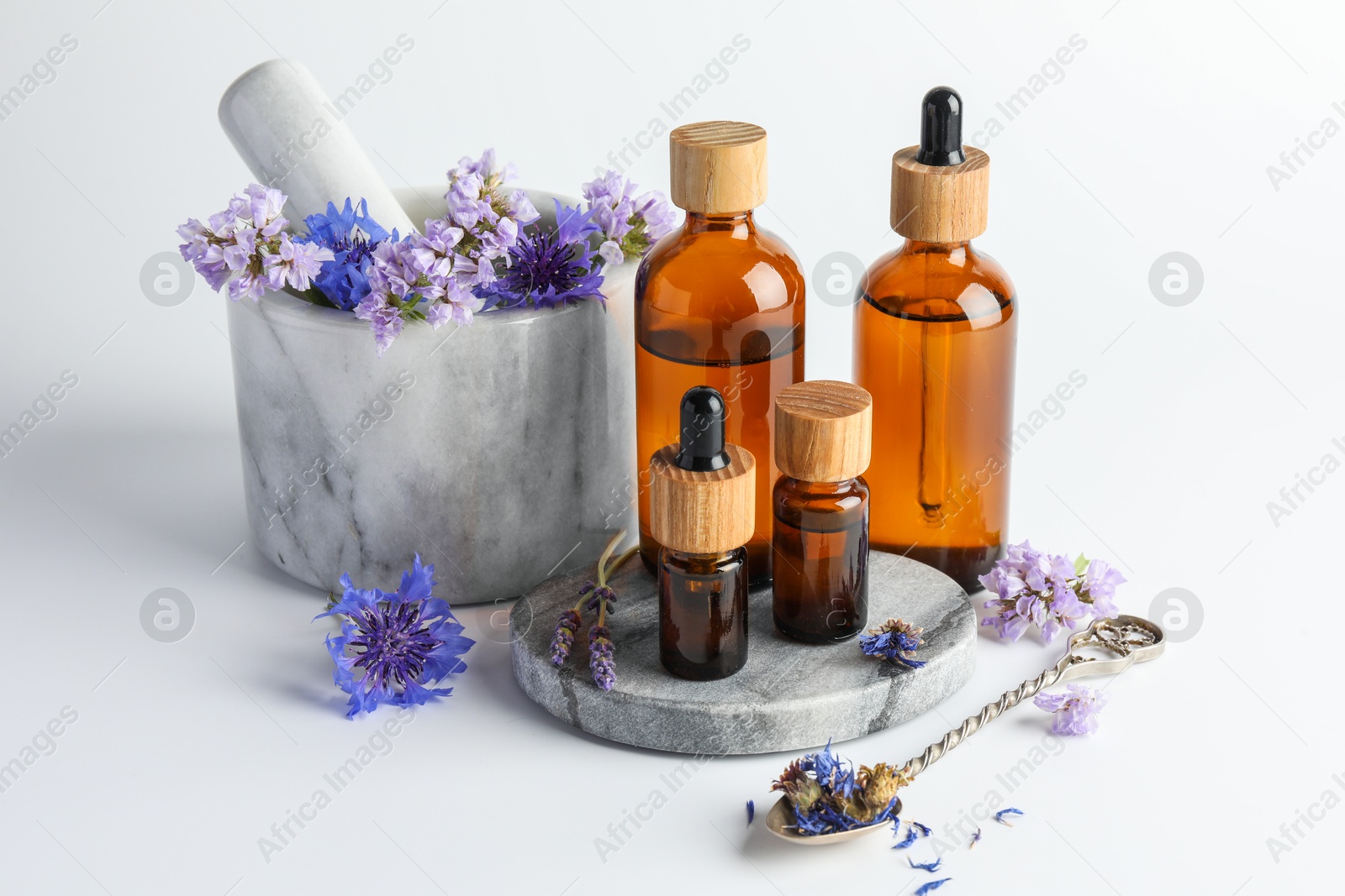 Photo of Aromatherapy. Different essential oils, flowers, mortar and pestle on white background