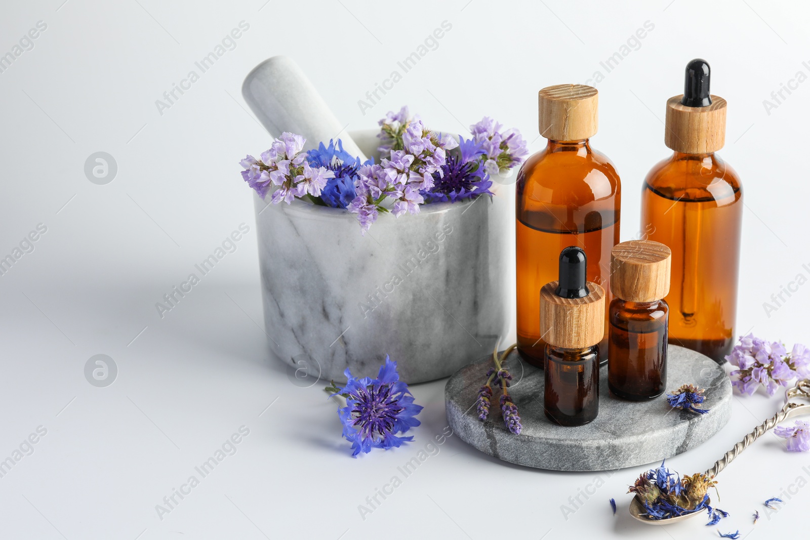 Photo of Aromatherapy. Different essential oils, flowers, mortar and pestle on white background, space for text