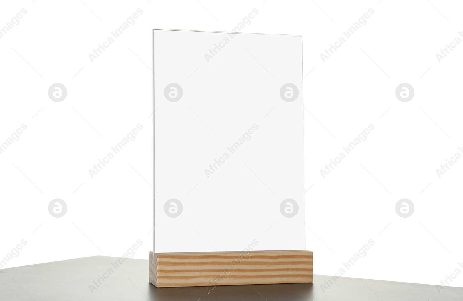 Photo of Menu holder on grey table against white background. Mockup for design