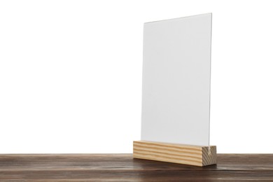 Photo of Menu holder on wooden table against white background. Space for text