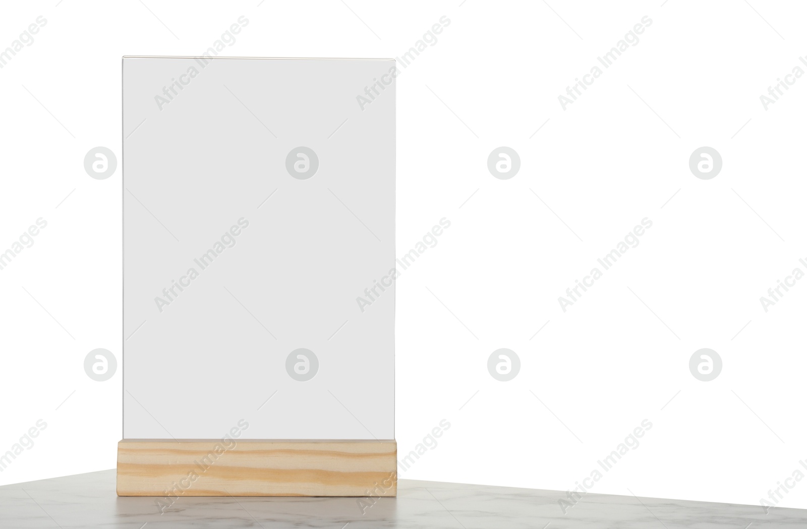 Photo of Menu holder on marble table against white background. Space for text