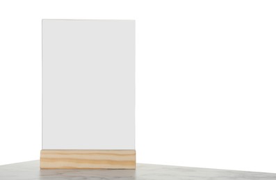 Photo of Menu holder on marble table against white background. Space for text