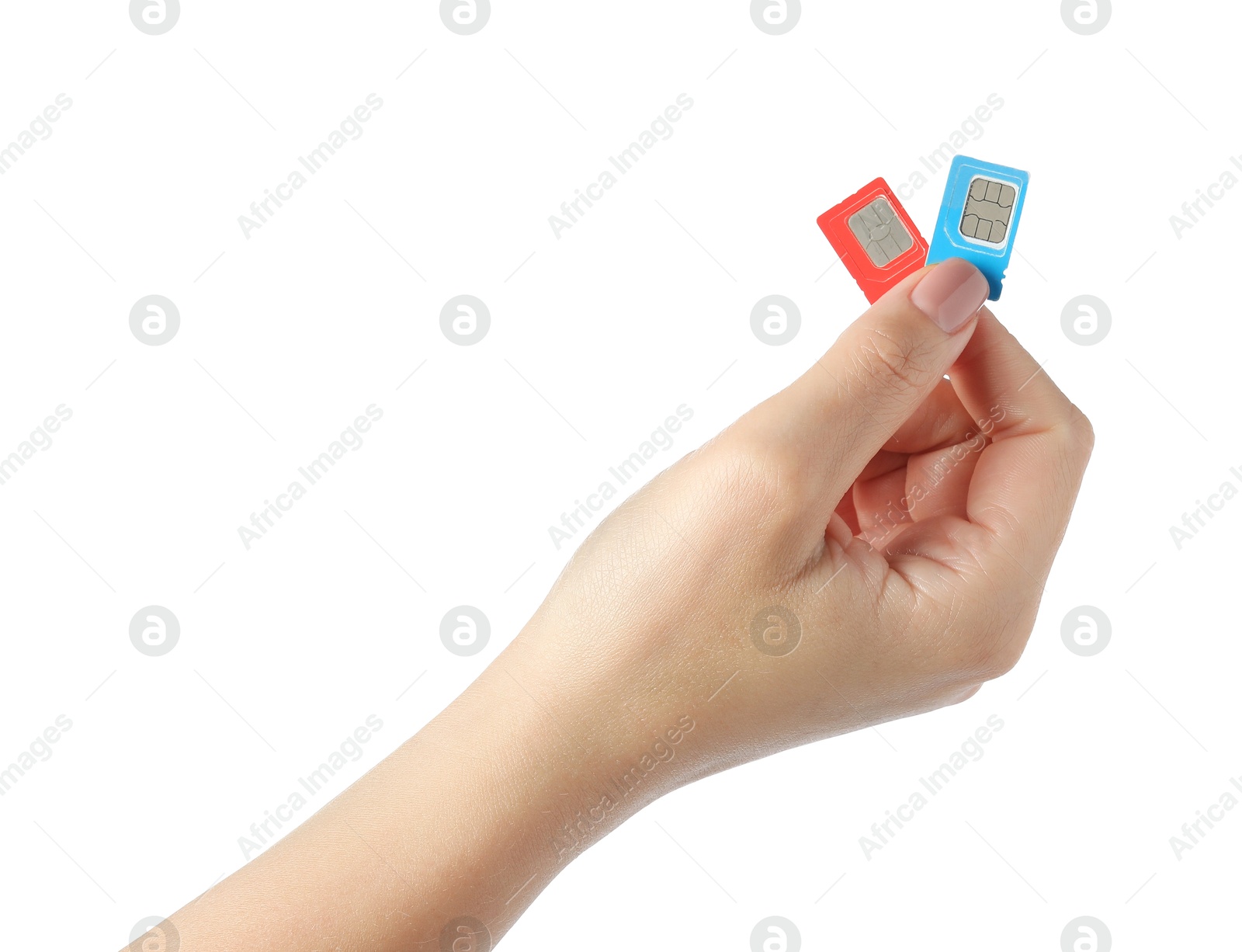 Photo of Woman with SIM cards on white background, closeup