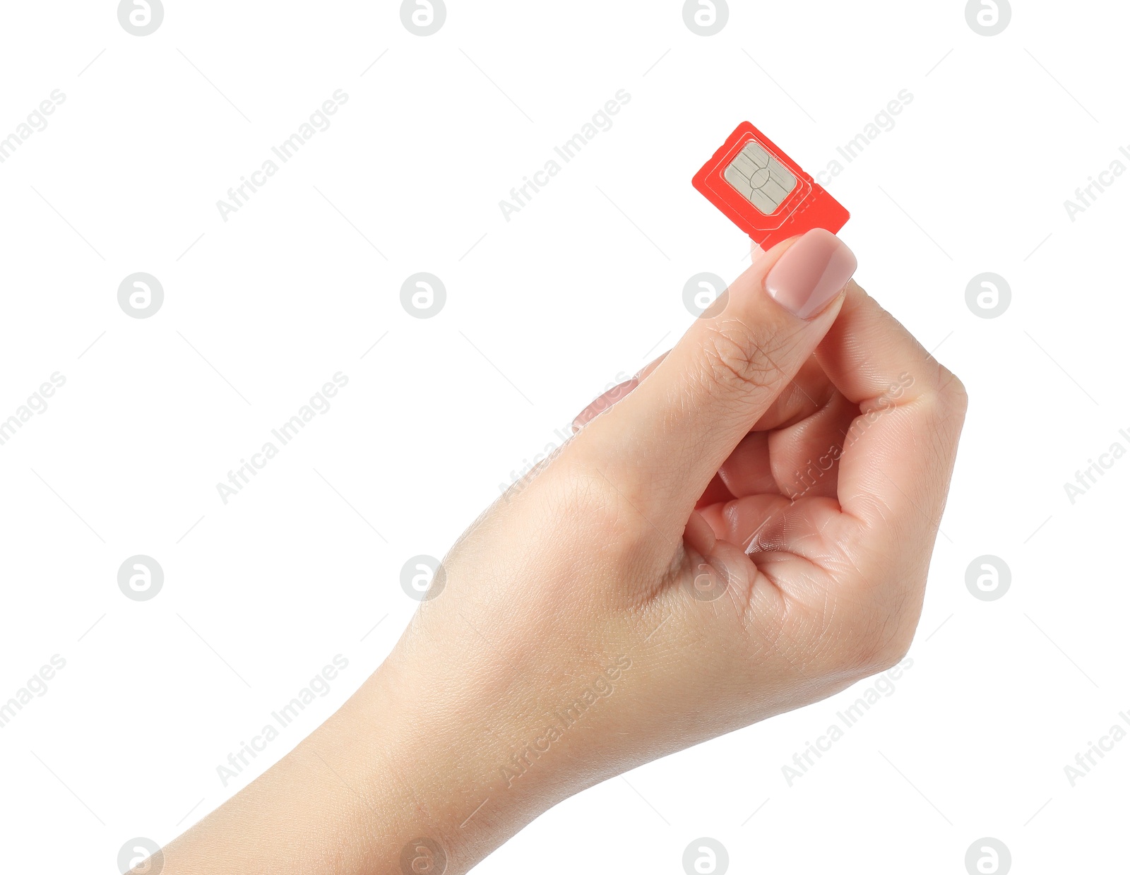 Photo of Woman with SIM card on white background, closeup