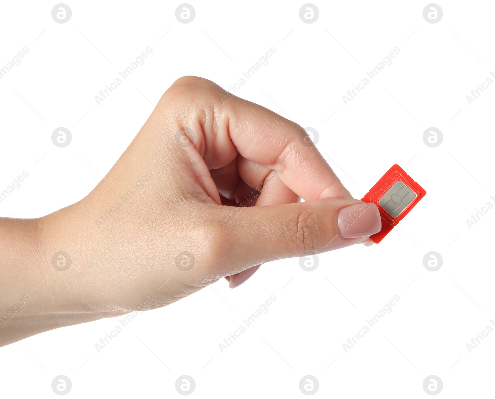 Photo of Woman with SIM card on white background, closeup